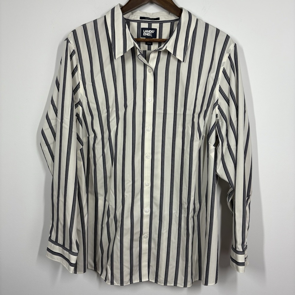 Lands End Women No Iron Supima Cotton Button Up Shirt Size 20W Ivory Blue Stripe